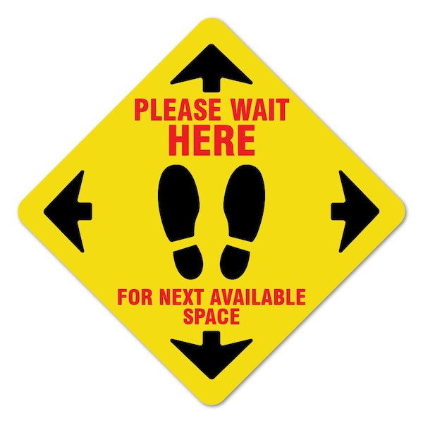 Wait Here Yellow Non-Slip Floor Graphic, 11in Vinyl, 12PK, 11 in L, 11 in H, 2-X-11-12PK-99999